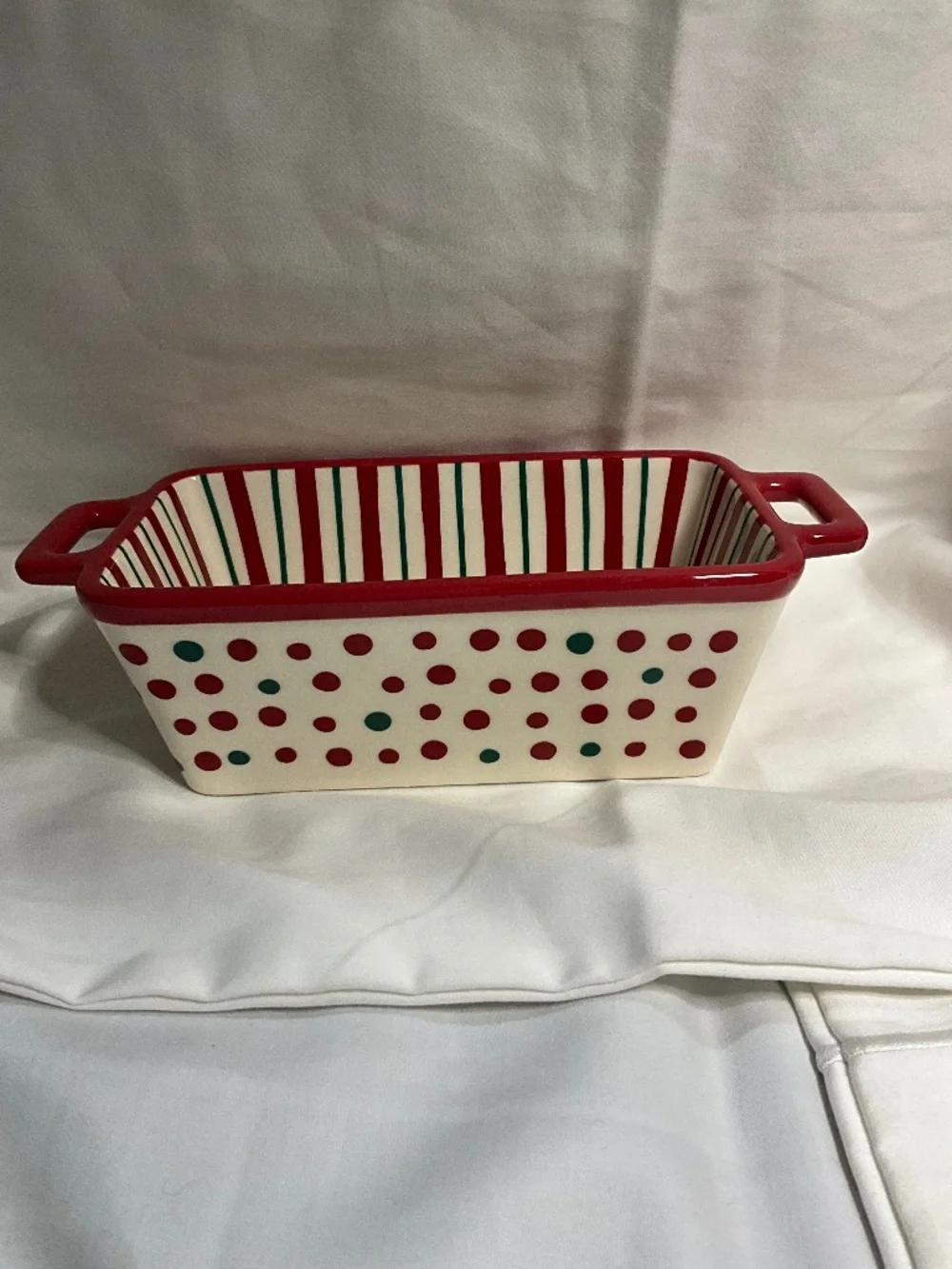 Holiday Time Ceramic Mini Loaf Pan Red and Green Polka Dots And Stripes